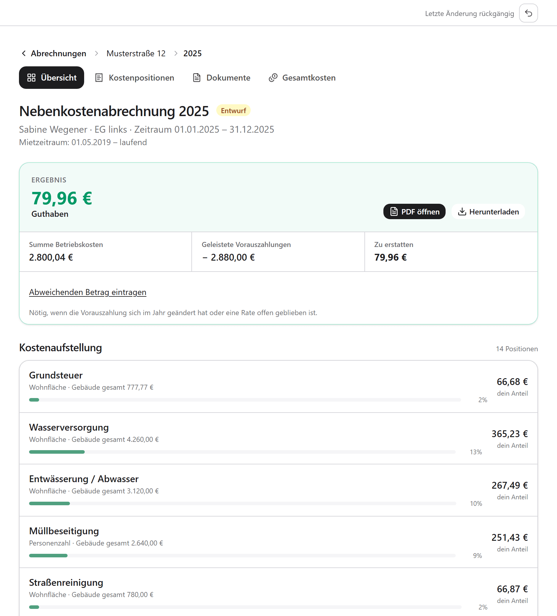 Einzelabrechnung eines Mieters in immosy: Ergebnis als Guthaben, daneben Summe der Betriebskosten und geleistete Vorauszahlungen, darunter die Kostenaufstellung mit Verteilerschlüssel, Gebäudesumme und Anteil je Position.